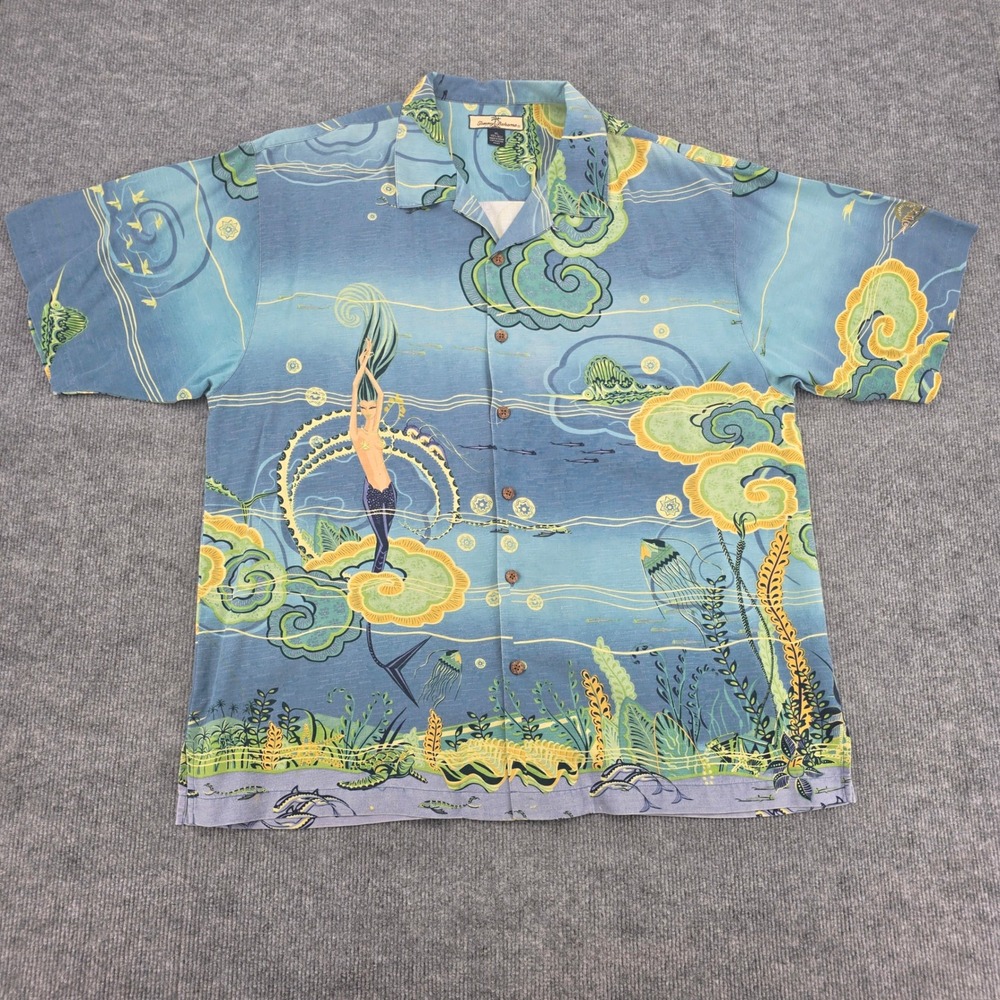 Tommy Bahama Relax Mens XL Blue Silk Mermaid Underwater Graphic Camp Shirt